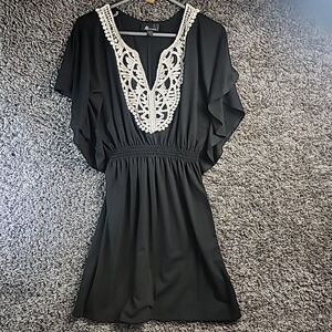 AB Studio Women's M Boho‎ Black Flowy Dress With White Lace Accent High Waist